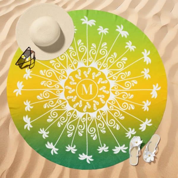 Round Beach Towel With A Yellow And Green Ombre Design, Featuring A Central Mandala Pattern With Palm Trees And Flip-Flops Surrounding A Monogram.
