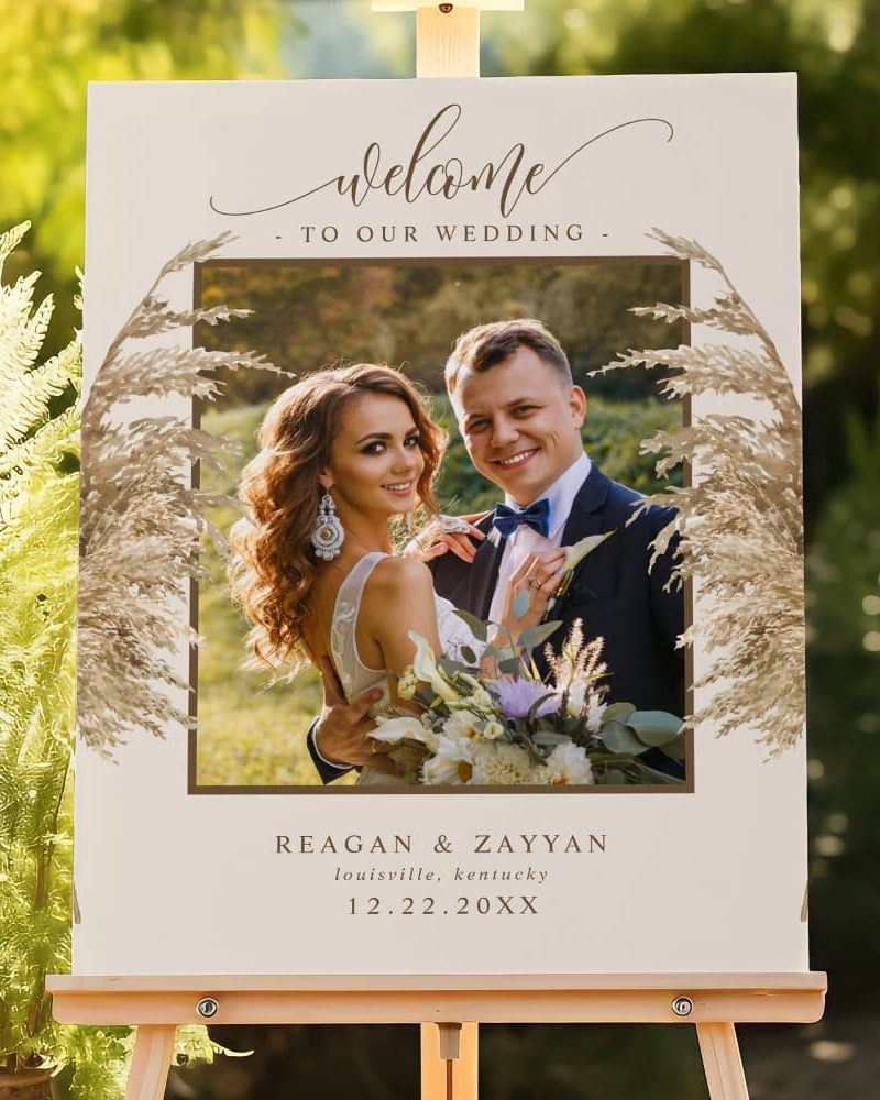 Wedding welcome sign with a photo of the bride and groom, names, location, and date.