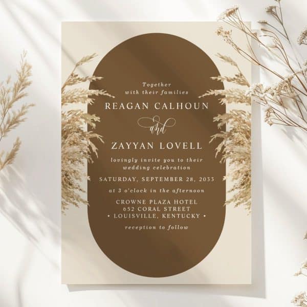 Wedding Invitation For Reagan Calhoun And Zayyan Lovell, Featuring Pampas Grass Design.