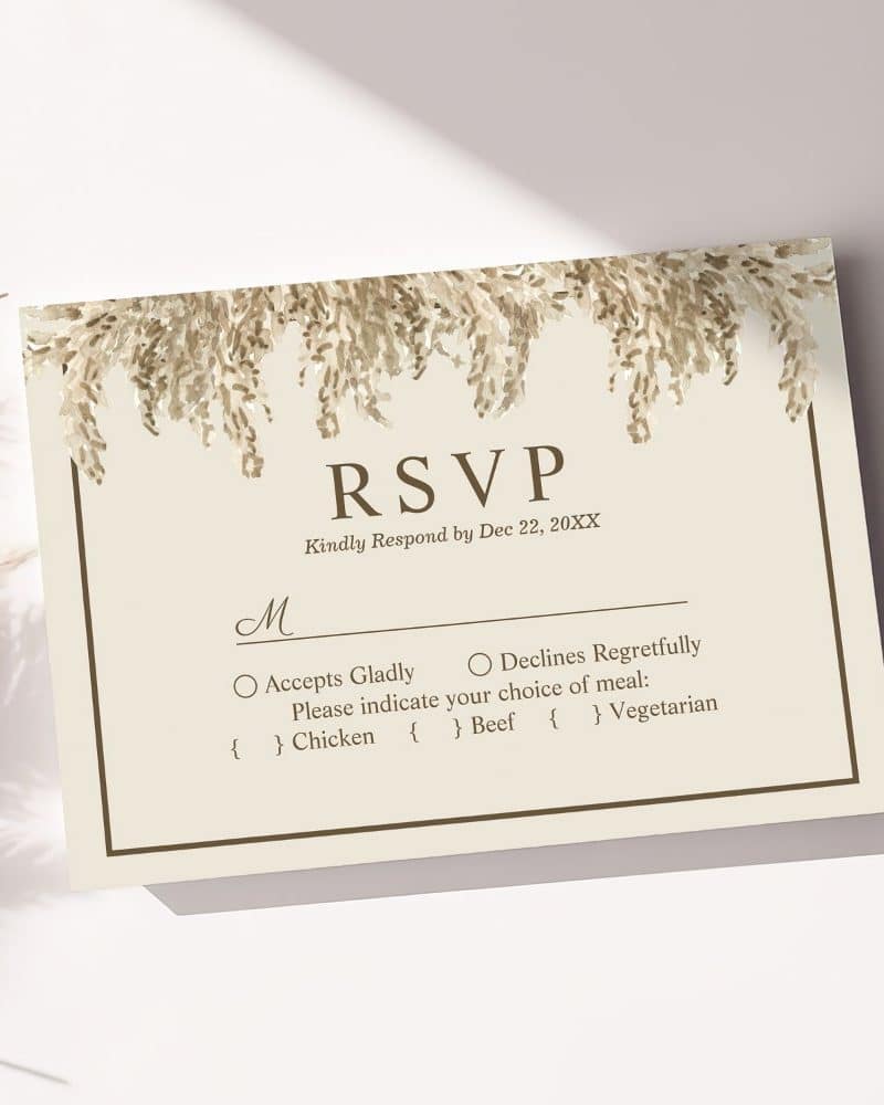 Beige RSVP card with brown floral border and text.