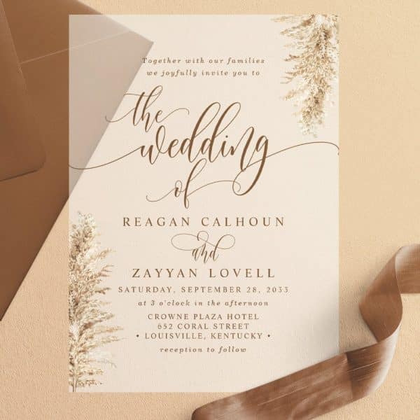 Wedding Invitation For Reagan Calhoun And Zayyan Lovell, September 28, 2033, At The Crowne Plaza Hotel In Louisville, Kentucky.