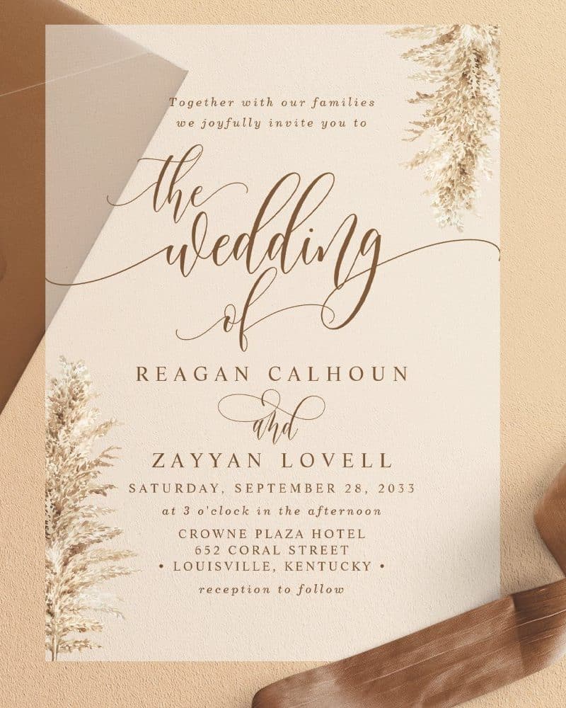 Wedding invitation for Reagan Calhoun and Zayyan Lovell, September 28, 2033, at the Crowne Plaza Hotel in Louisville, Kentucky.