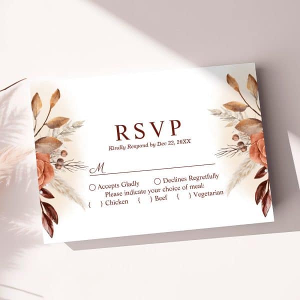 An Rsvp Card With Autumnal Floral Design, Requesting A Response By December 22Nd And Meal Choice.