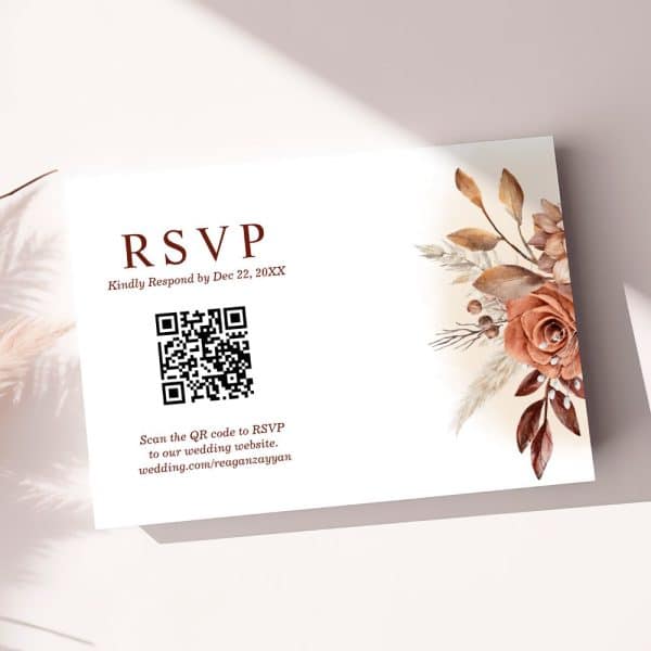 Rsvp Card With Qr Code And Autumnal Floral Design.
