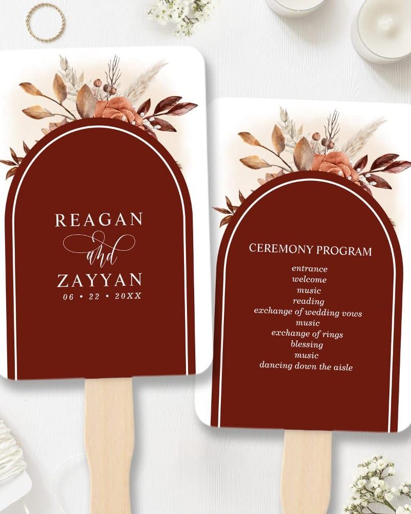 Pampas Grass Terracotta Floral Wedding Program Hand Fan