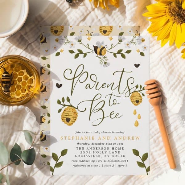 Baby Shower Invitation Featuring A Bee Theme; The Text Reads Parents To Bee.