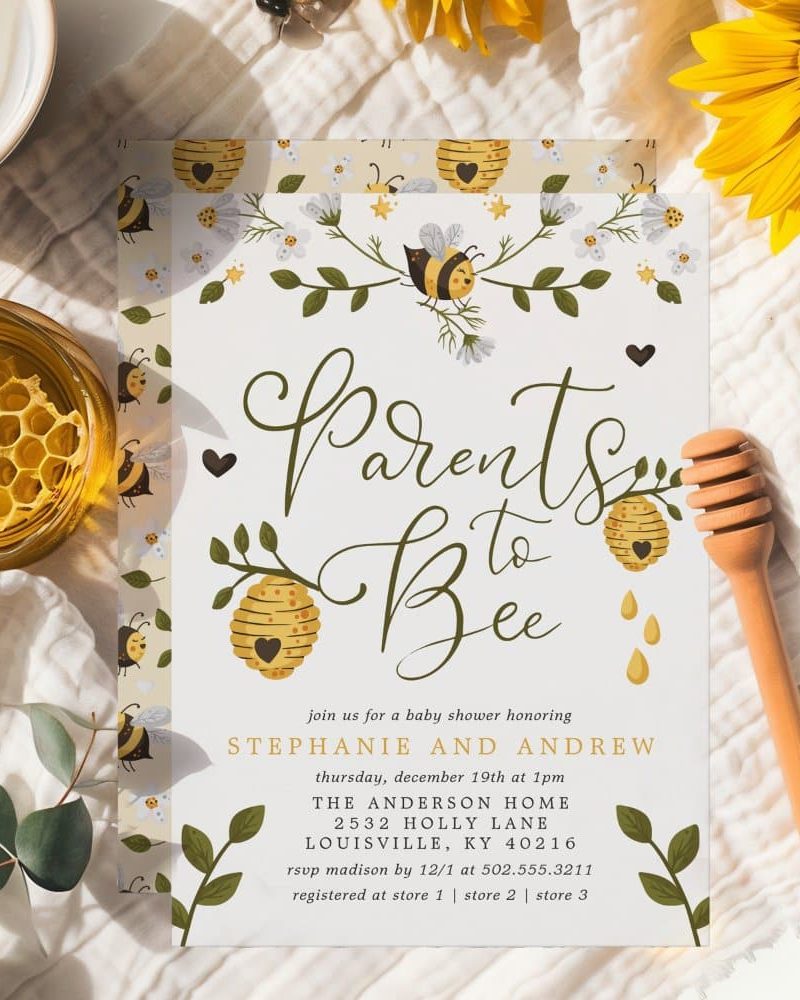 Baby shower invitation featuring a bee theme; the text reads Parents to Bee.