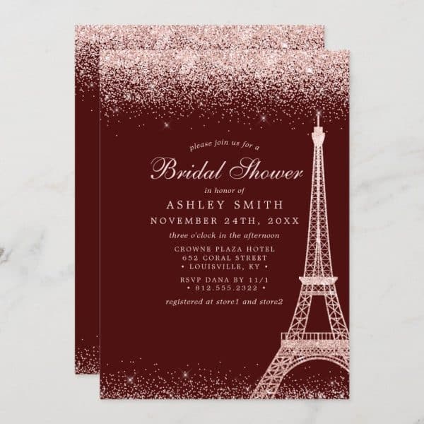 Bridal Shower Invitation For Ashley Smith, Featuring The Eiffel Tower And Rose Gold Glitter On A Burgundy Background.