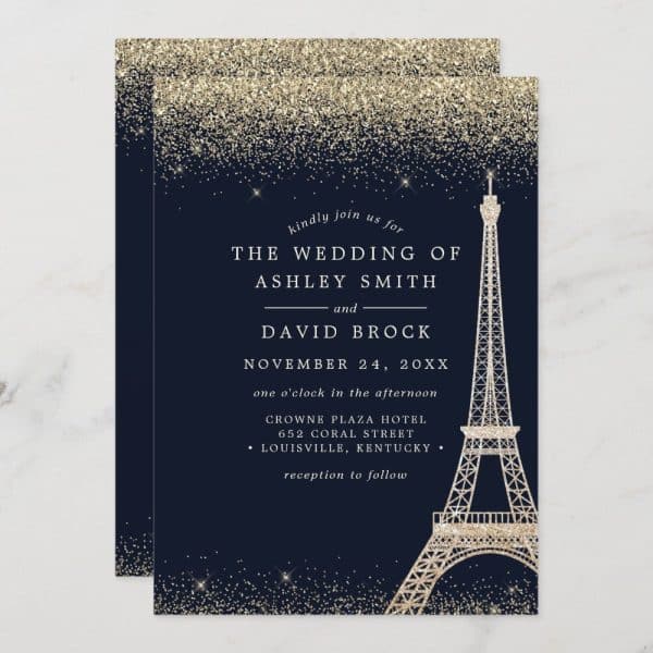 Wedding Invitation With A Gold Glitter Design And Eiffel Tower Graphic.