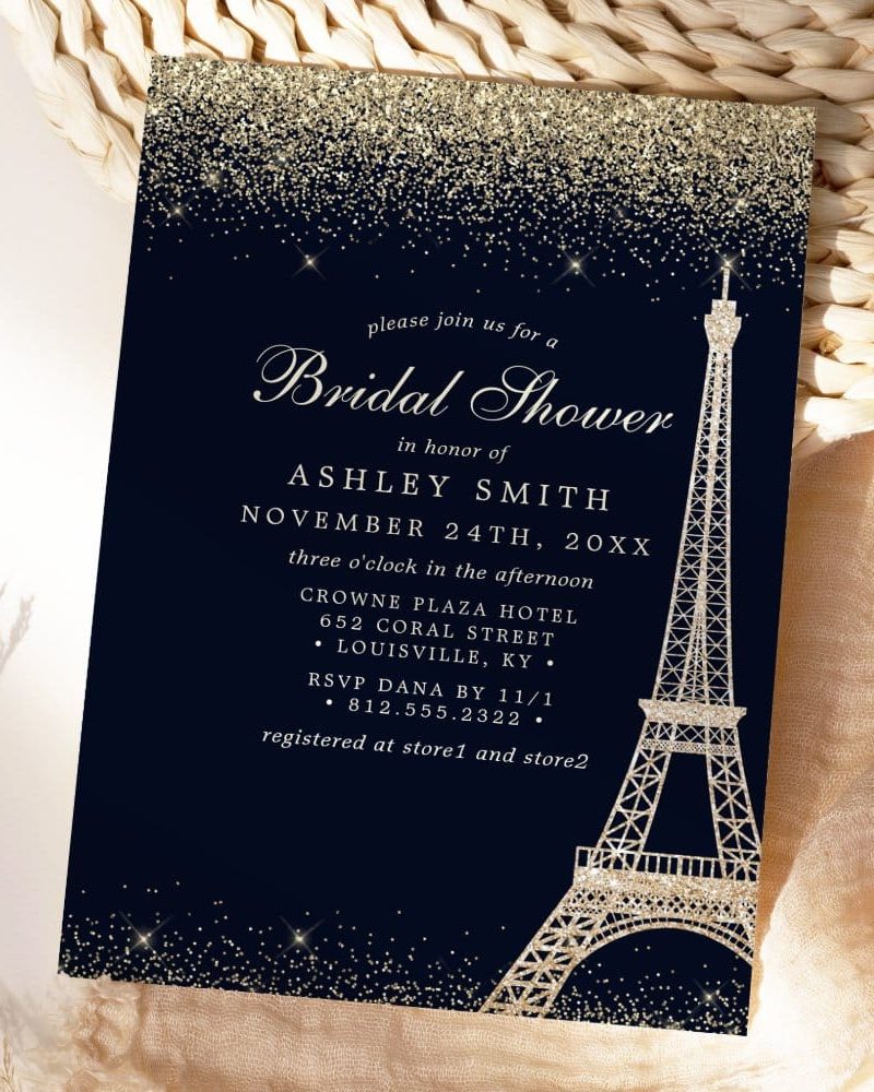 Paris Eiffel Tower Gold Sparkle Bridal Shower Invitation