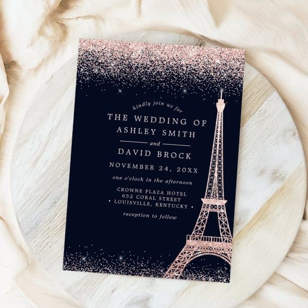 Rose Gold Glitter Wedding Invitation With Eiffel Tower.