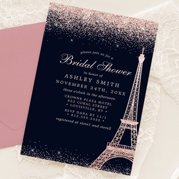 Bridal Shower Invitation For Ashley Smith, Featuring A Rose Gold Eiffel Tower On A Dark Blue Background With Glitter.