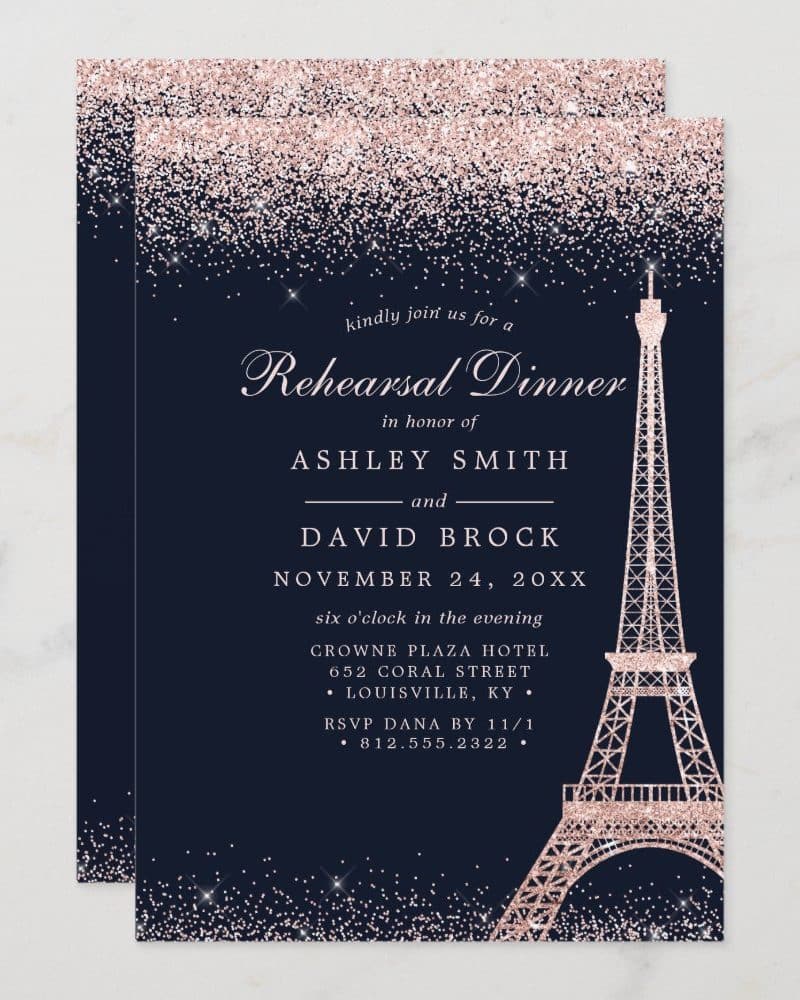 Rehearsal dinner invitation for Ashley Smith and David Brock, featuring a rose gold glitter Eiffel Tower design.