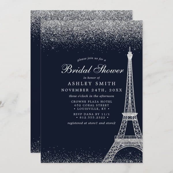 Bridal Shower Invitation Featuring A Silver Glitter Eiffel Tower On A Navy Blue Background.