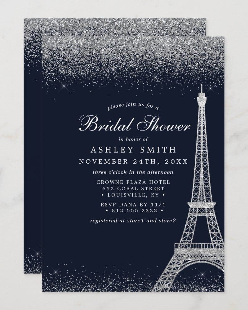 Bridal shower invitation featuring a silver glitter Eiffel Tower on a navy blue background.