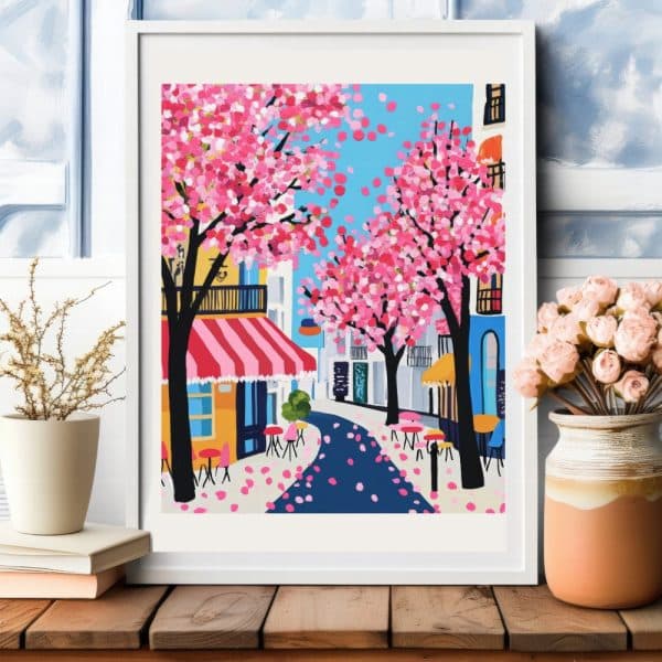 A Framed Illustration Of A Charming Street Scene With Pink Cherry Blossom Trees, Outdoor Cafes, And Colorful Buildings.