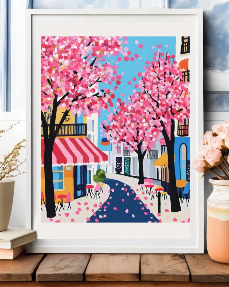A framed illustration of a charming street scene with pink cherry blossom trees, outdoor cafes, and colorful buildings.