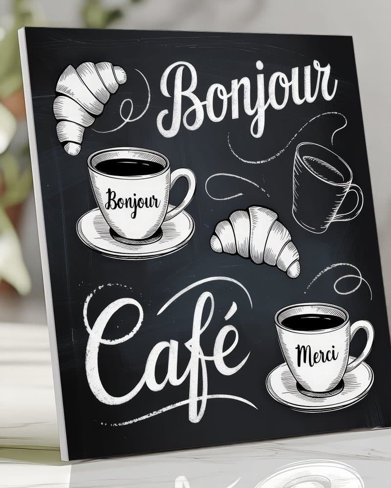 Black chalkboard-style sign with white drawings of coffee cups and croissants, and the words Bonjour and Cafe in script.