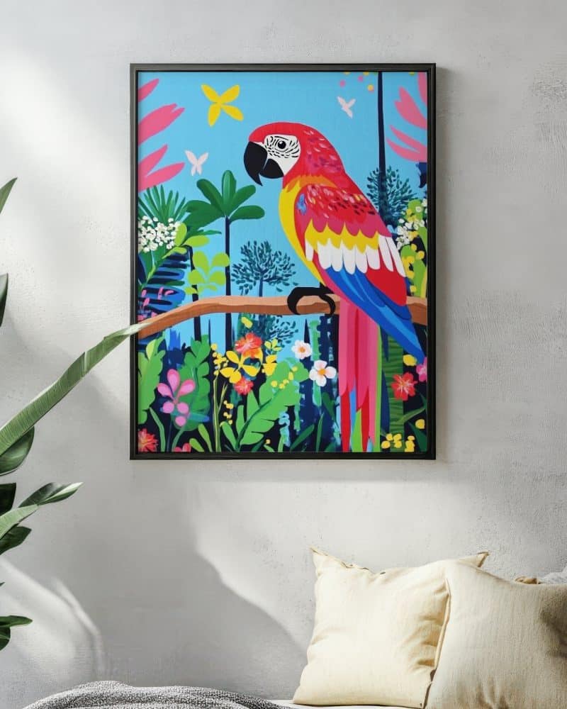 Vibrant painting of a macaw perched on a branch in a lush, colorful jungle.