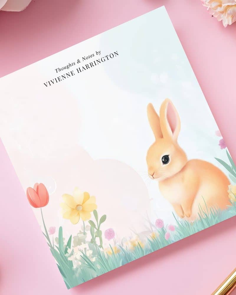 A light orange bunny rabbit sits in a field of flowers.