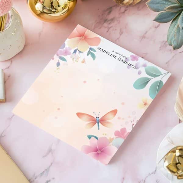Floral Notepad With A Dragonfly And Madeline Harrison'S Name.