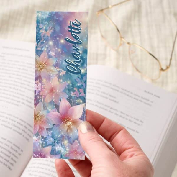 Pastel Flowers Sparkling Glitter Personalized Bookmarks