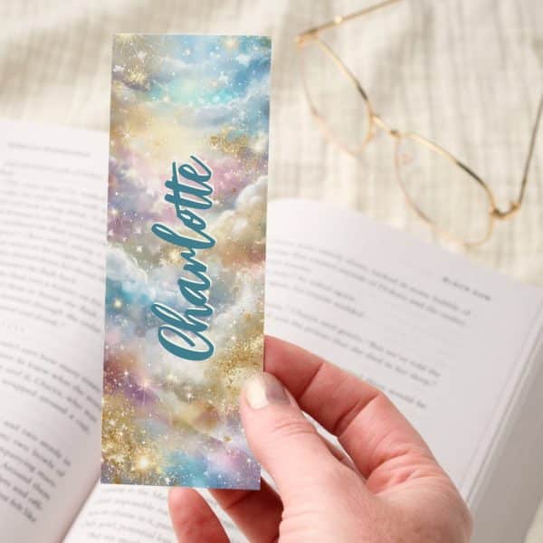 Pastel Galaxy Clouds Gold Glitter Personalized Bookmarks