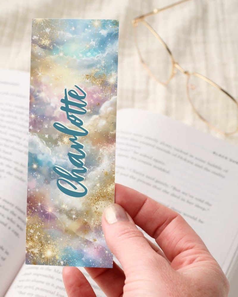 Pastel Galaxy Clouds Gold Glitter Personalized Bookmarks