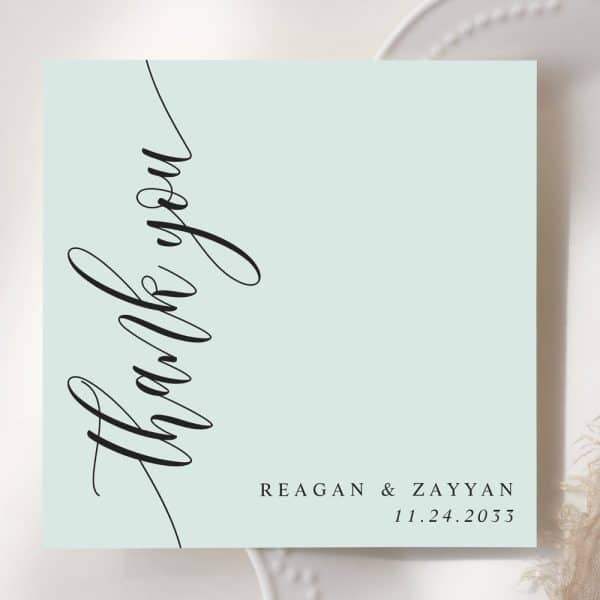 Light Blue Thank You Card With Elegant Calligraphy. Reagan &Amp; Zayyan'S Wedding Date Is Included.