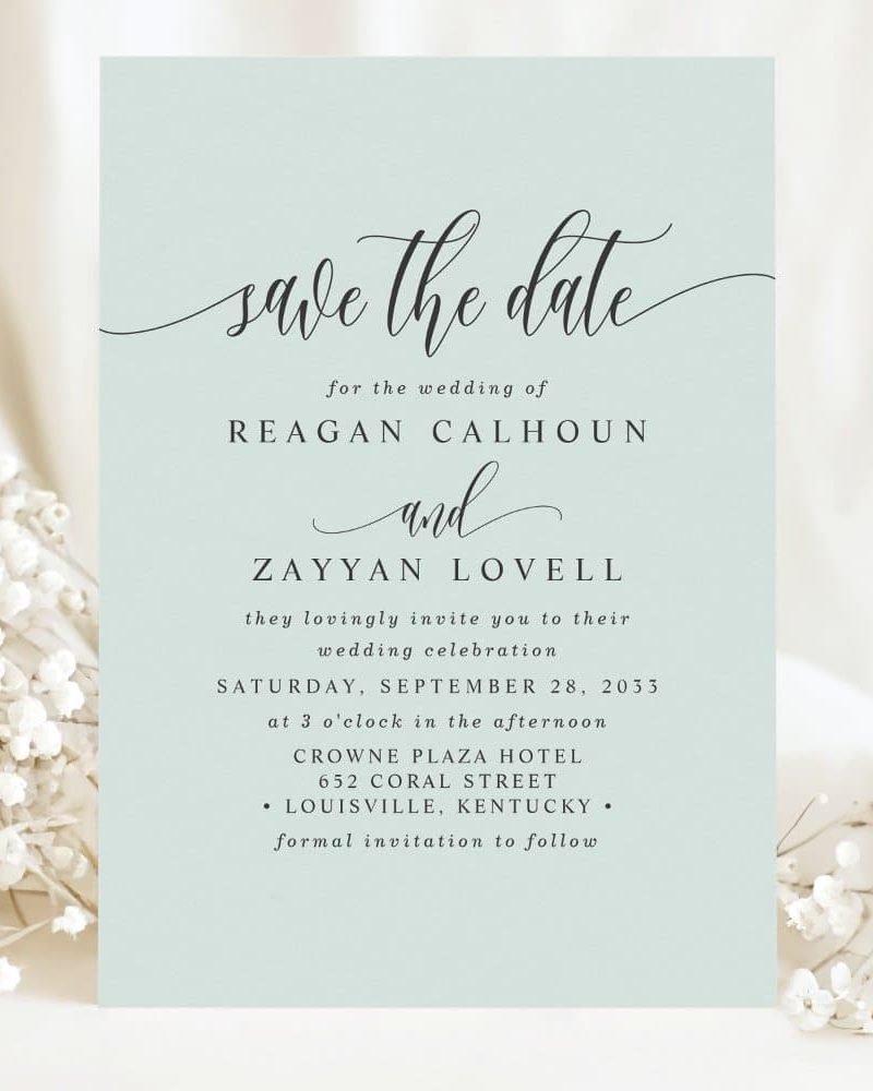 Save the date for the wedding of Reagan Calhoun and Zayyan Lovell, September 28, 2033, at the Crowne Plaza Hotel in Louisville, Kentucky.
