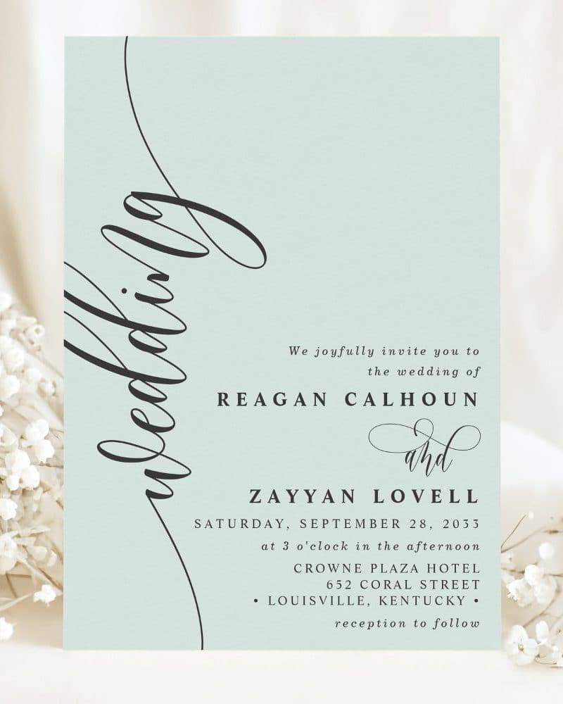 Wedding invitation for Reagan Calhoun and Zayyan Lovell, September 28, 2033, at the Crowne Plaza Hotel in Louisville, Kentucky.