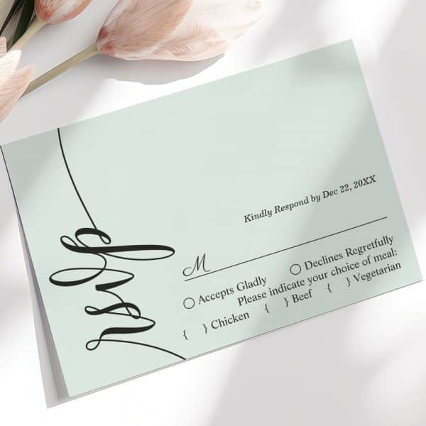 Light Green Rsvp Card With Elegant Script And Options To Accept Or Decline With Meal Choices.