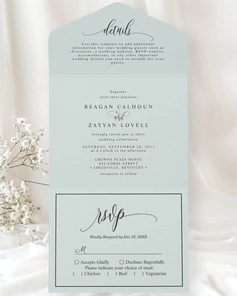 Wedding invitation for Reagan Calhoun and Zayyan Lovell, September 28, 2033, at the Crowne Plaza Hotel in Louisville, Kentucky. RSVP requested by December 22.