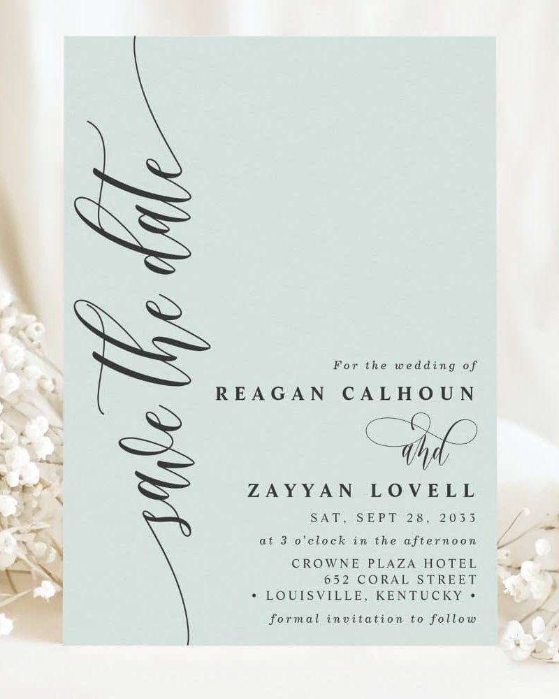Save the date for the wedding of Reagan Calhoun and Zayyan Lovell, September 28, 2033, at the Crowne Plaza Hotel in Louisville, Kentucky.