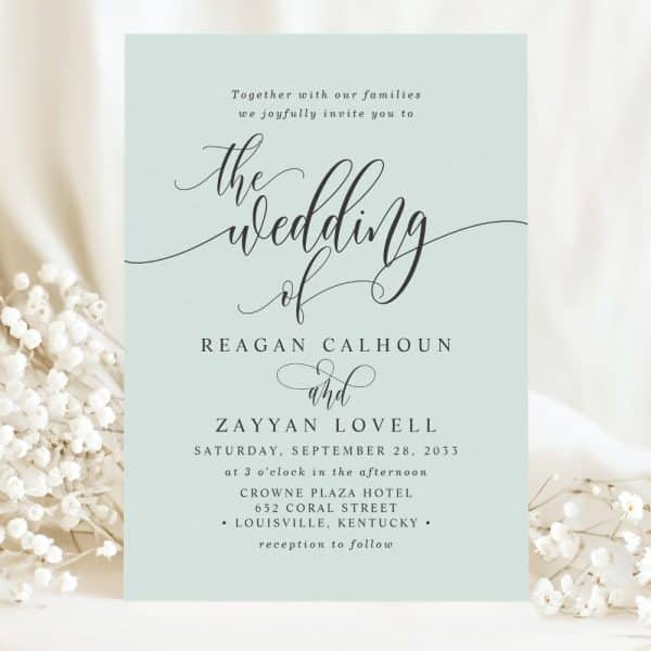 Wedding Invitation For Reagan Calhoun And Zayyan Lovell, September 28, 2033, At The Crowne Plaza Hotel In Louisville, Kentucky.