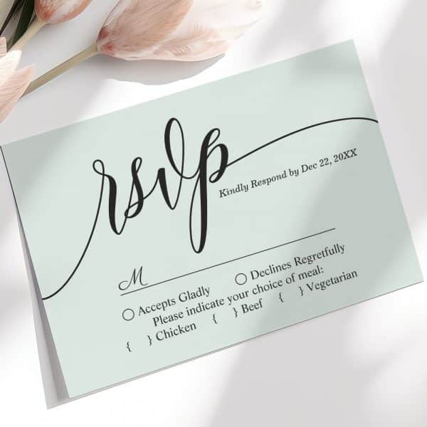 Light Green Rsvp Card With Elegant Script Lettering.