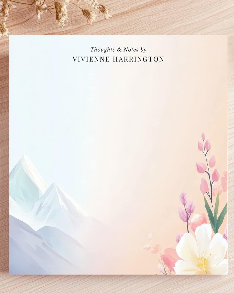 Personalized notepad featuring a mountain range on the left and pink flowers on the right.