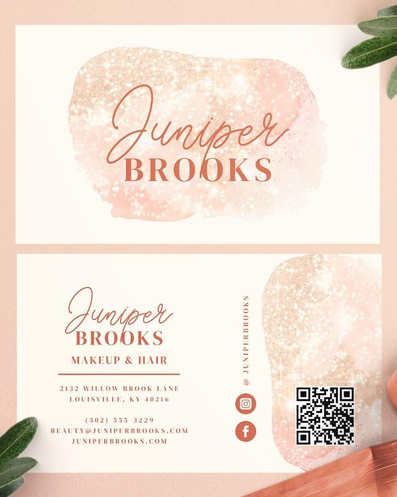 Juniper Brooks makeup and hair business card with contact information and social media links.