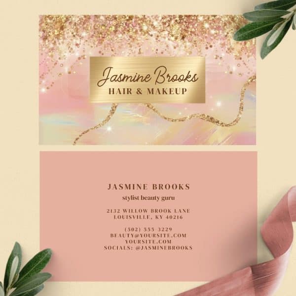 Business Card For Jasmine Brooks, Hair And Makeup Stylist. Pink And Gold Design.