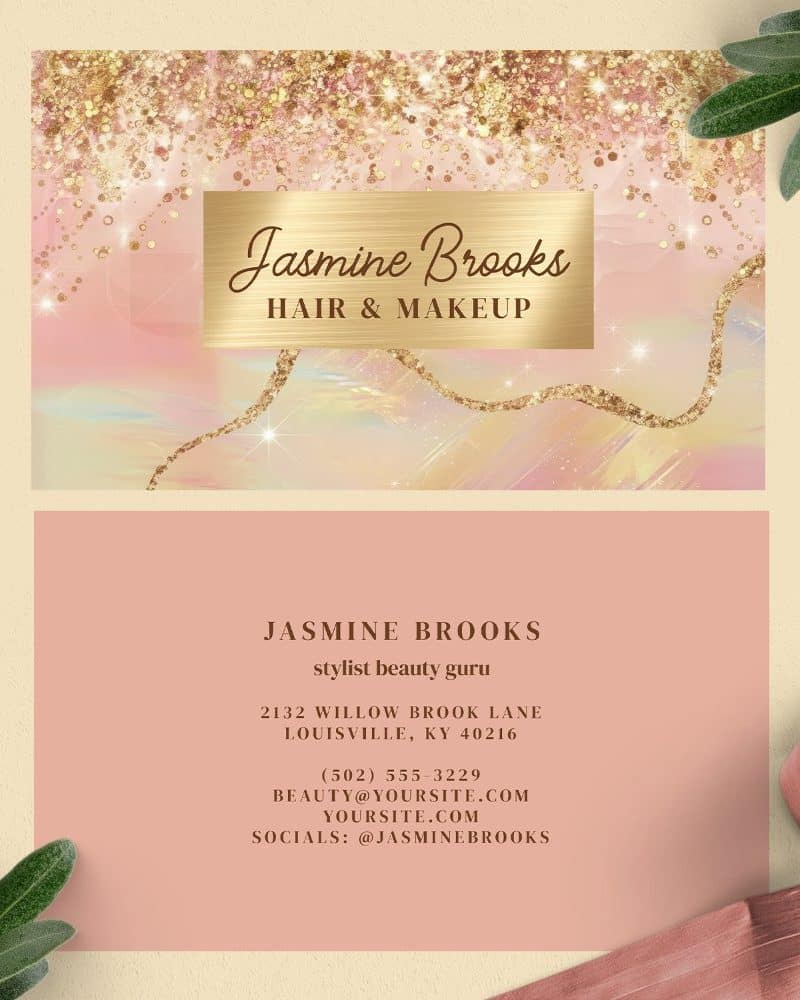 Business card for Jasmine Brooks, hair and makeup stylist. Pink and gold design.