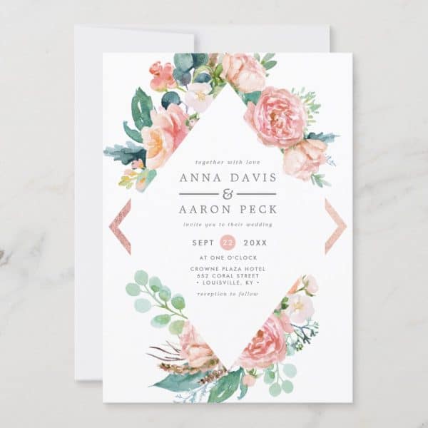 Wedding Invitation With Pink Floral Border And Couple'S Names.