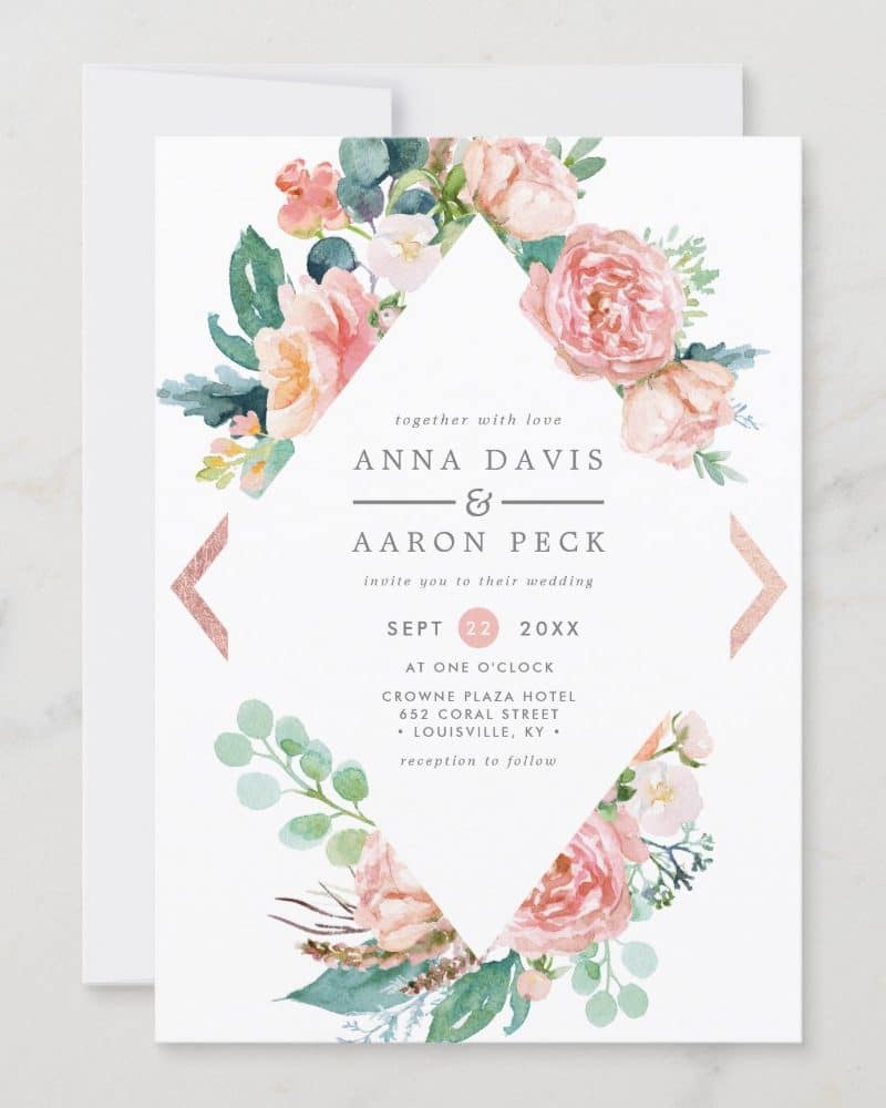 Wedding invitation with pink floral border and couple's names.