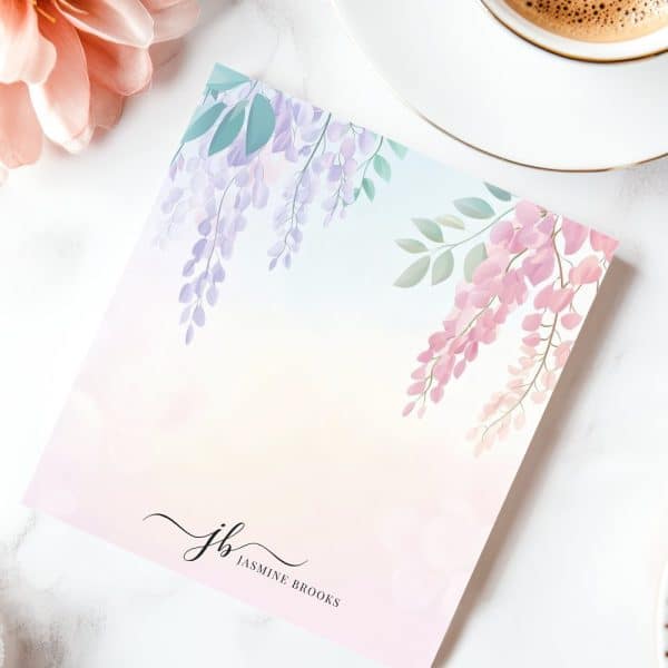 Pastel Pink And Purple Wisteria Flowers On A Stationery Card With The Initials Jb And Jasmine Brooks.