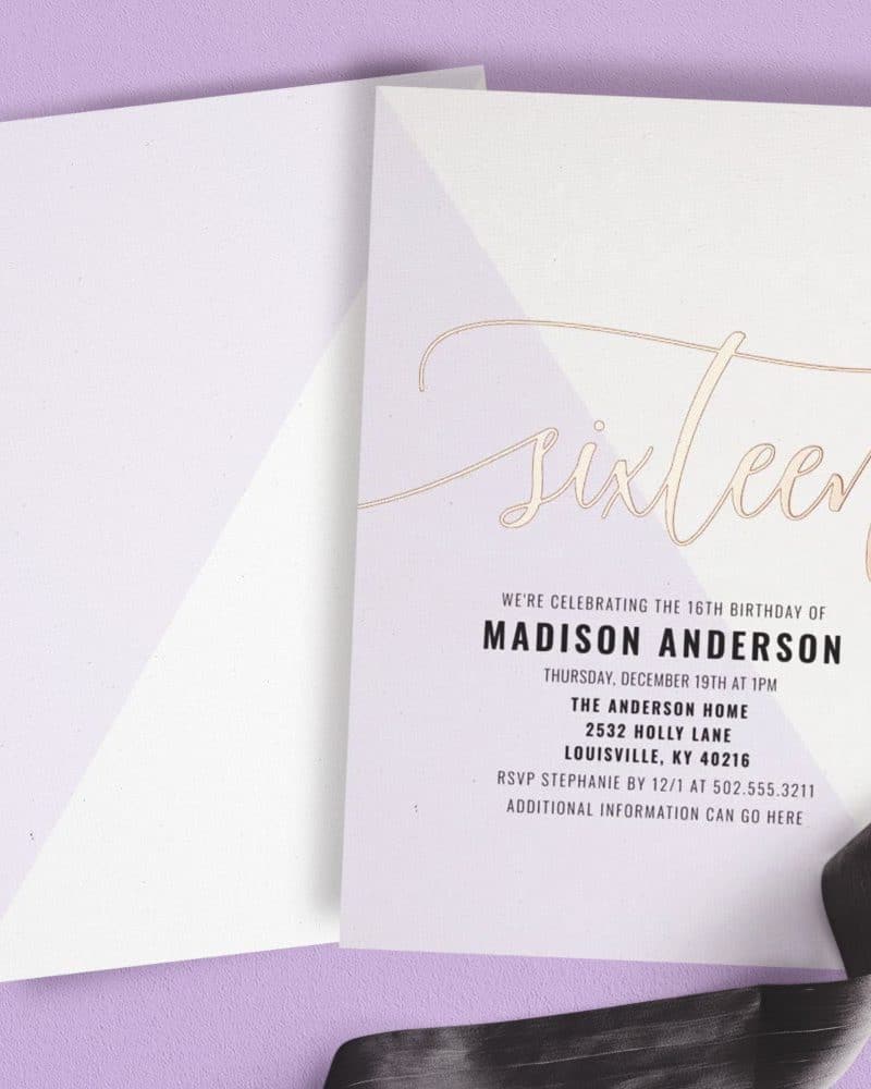 Purple and white sixteen birthday invitation for Madison Anderson.