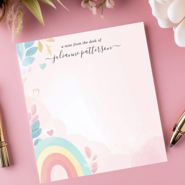 Pink Stationery Featuring A Pastel Rainbow And Floral Design With Julianne Patterson'S Name.