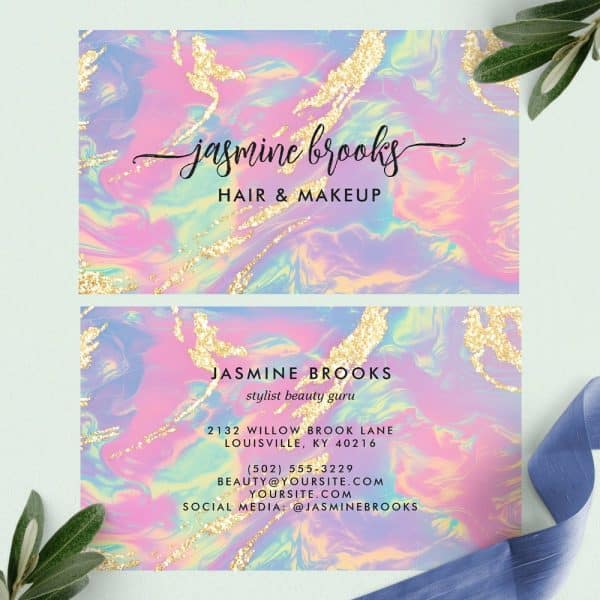 Two Business Cards For Jasmine Brooks, Hair And Makeup Stylist, Featuring A Pastel Iridescent Marble Design With Gold Glitter Accents.