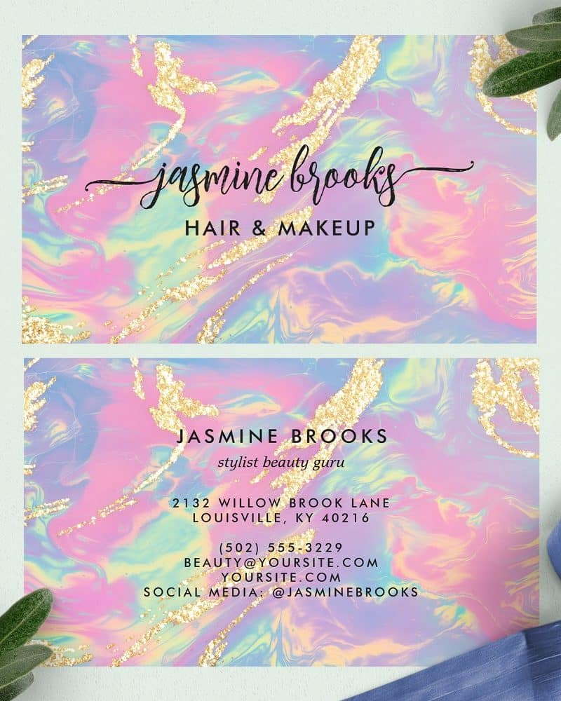 Two business cards for Jasmine Brooks, hair and makeup stylist, featuring a pastel iridescent marble design with gold glitter accents.
