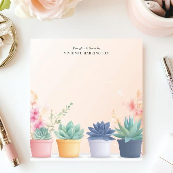 Pastel-Colored Notepad Featuring Four Succulents In Pots, With Floral Accents.