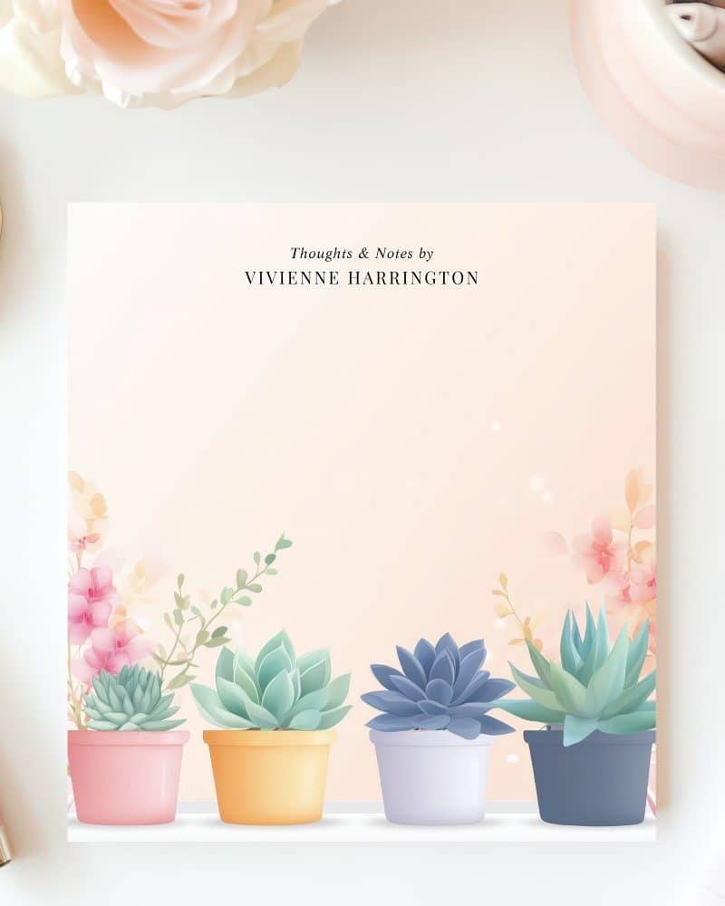 Pastel-colored notepad featuring four succulents in pots, with floral accents.