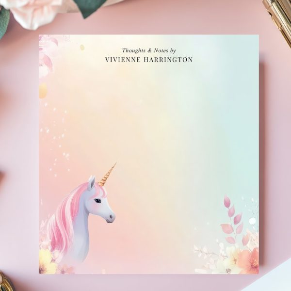 Pastel Notepad Featuring A Unicorn With Pink Mane And Flowers.